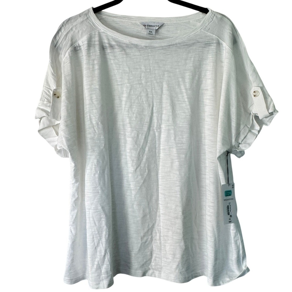 Liz Claiborne Womens White Slub Jersey Short Sleeve Button‎ Tab Top XXL NEW